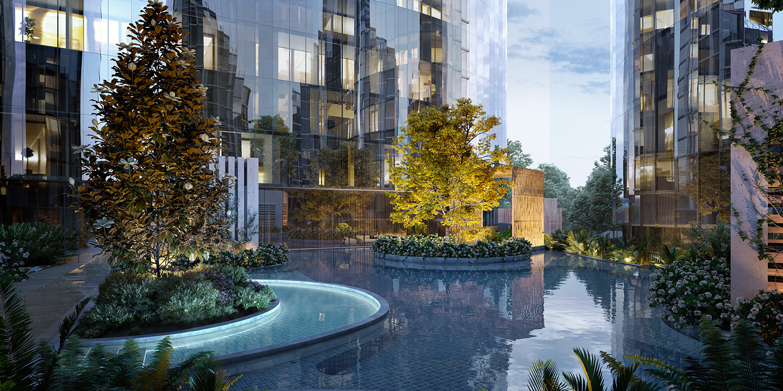 Lagoon style pool and pavilions